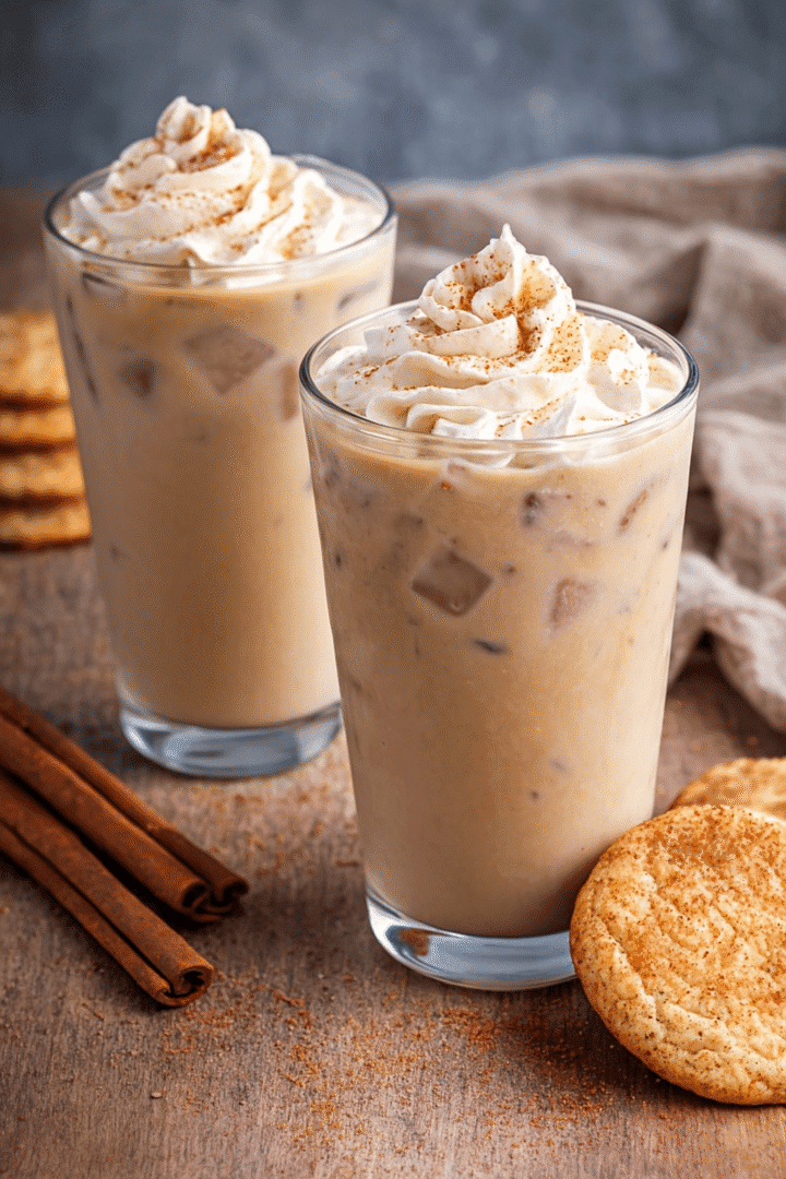 Snickerdoodle iced coffee in a glass with cinnamon dust