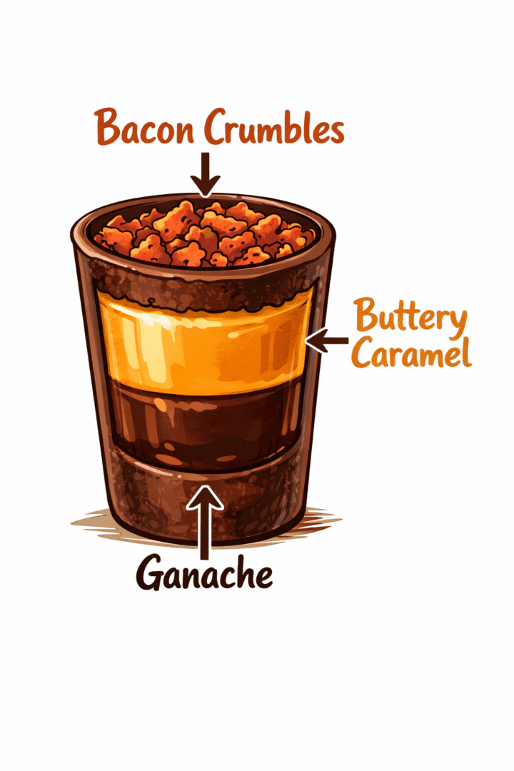 Chocolate Shot Glass Dessert with Dripping Caramel & Bacon Crumbles