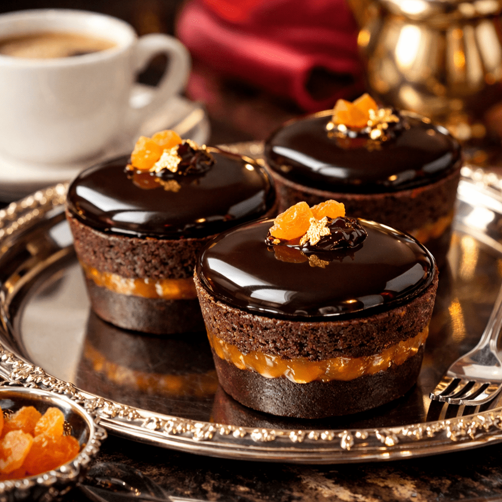 Keto Sachertorte Cups with coffee and gold accents