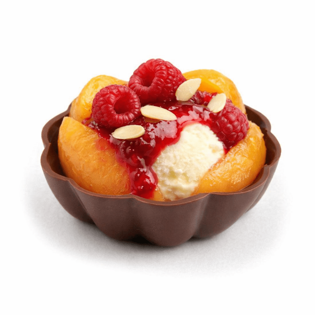 Peach melba in chocolate tart shell