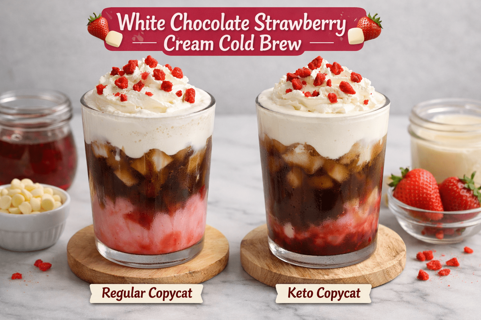 White chocolate strawberry cold brew drinks