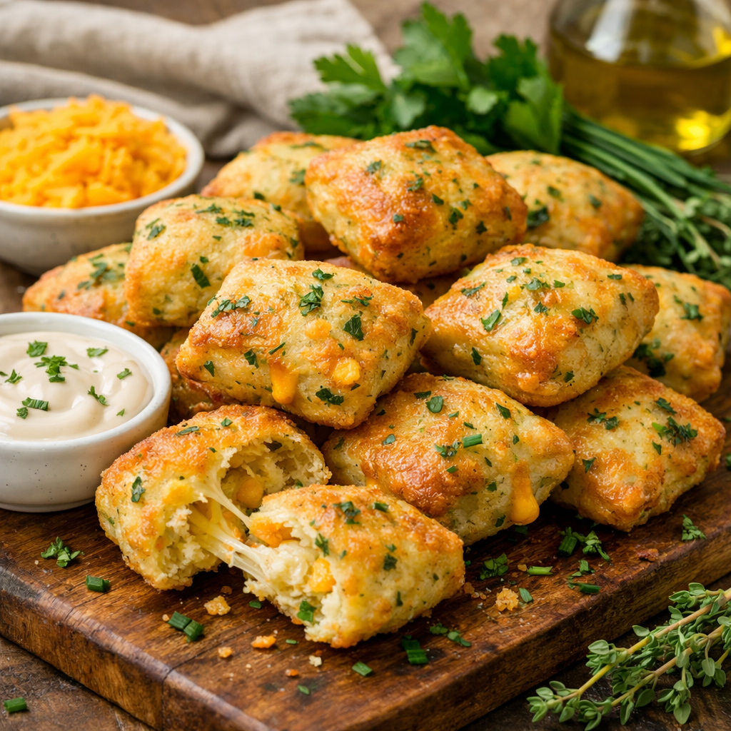 Cheddar herb keto beignets with dipping sauce