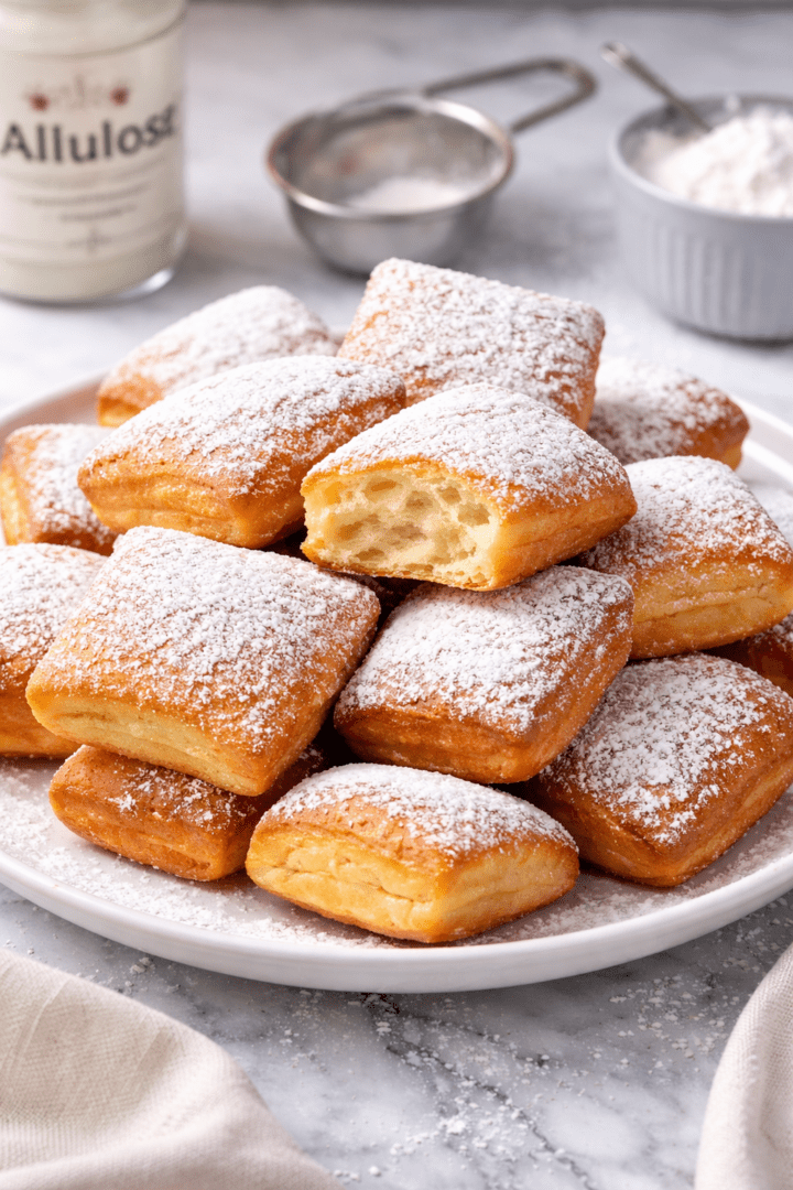 Golden keto beignets with powdered sweetener
