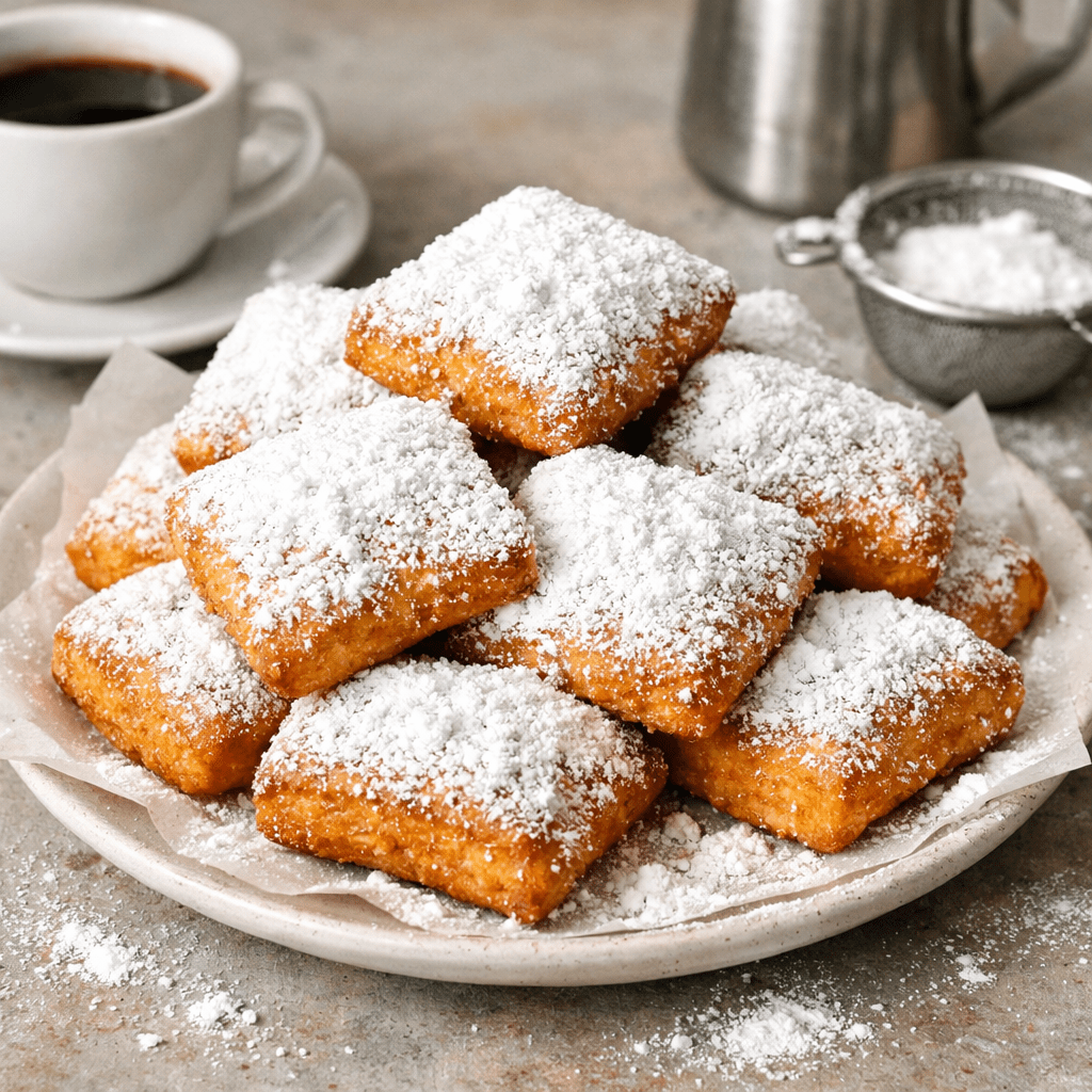 Keto beignets with coffee and sifter