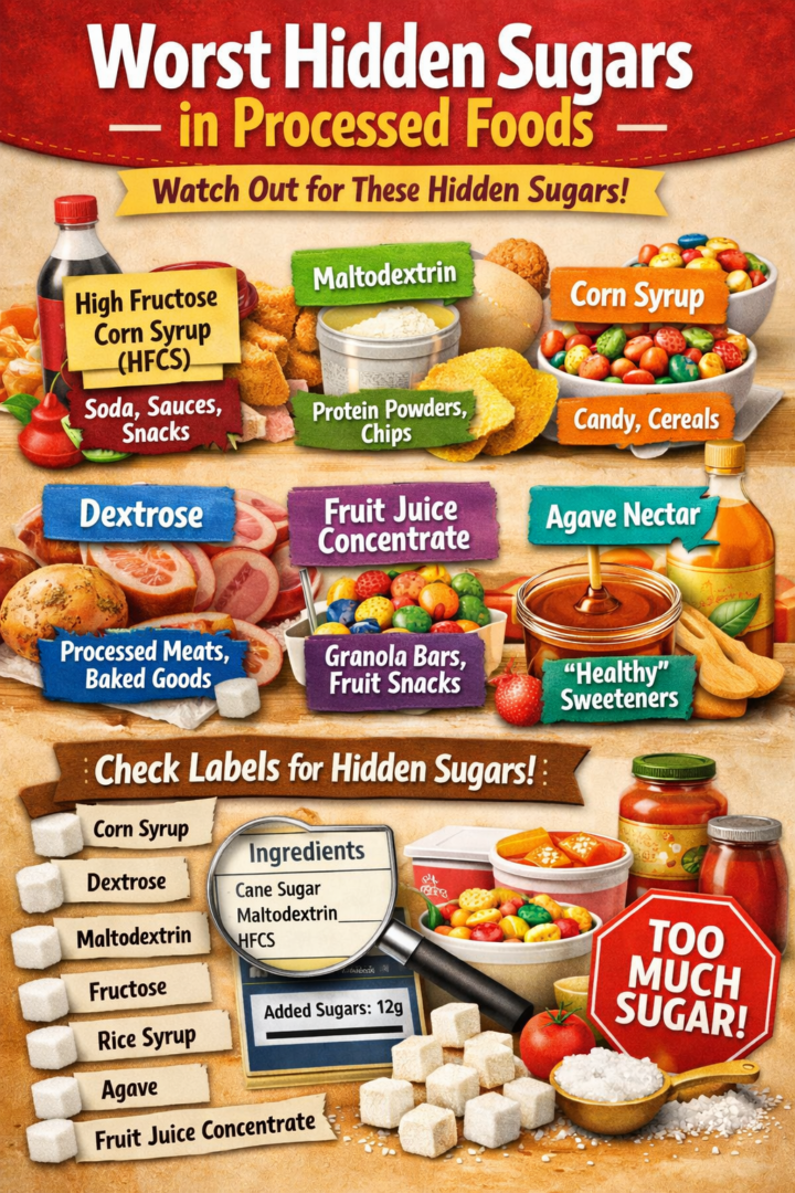 Hidden sugars in processed foods infographic showing common sugar sources like corn syrup, maltodextrin, and fruit juice concentrate