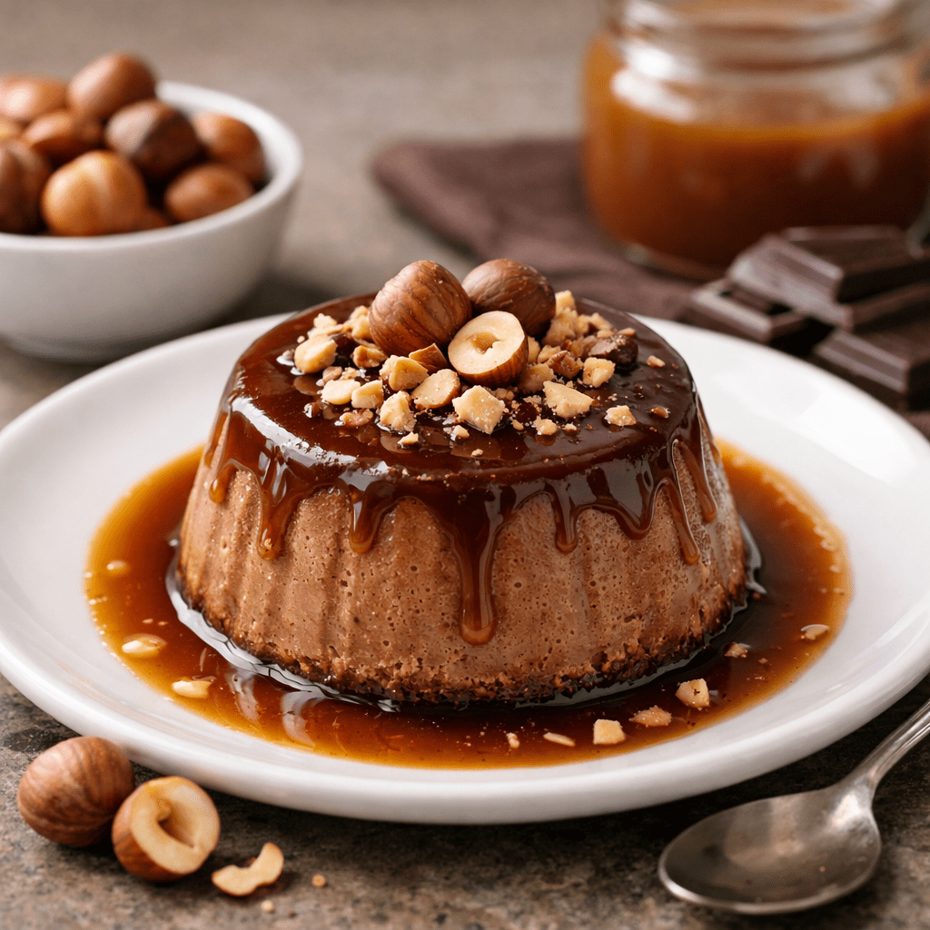Chocolate hazelnut keto flan close-up