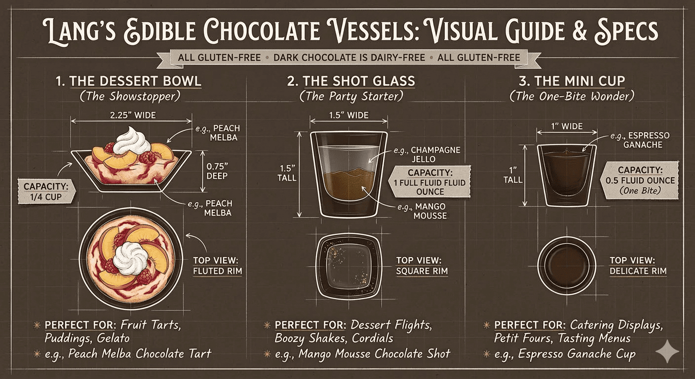 Infographic showing dimensions and capacities for Lang's Chocolate dessert bowls, shot glasses, and mini cups.