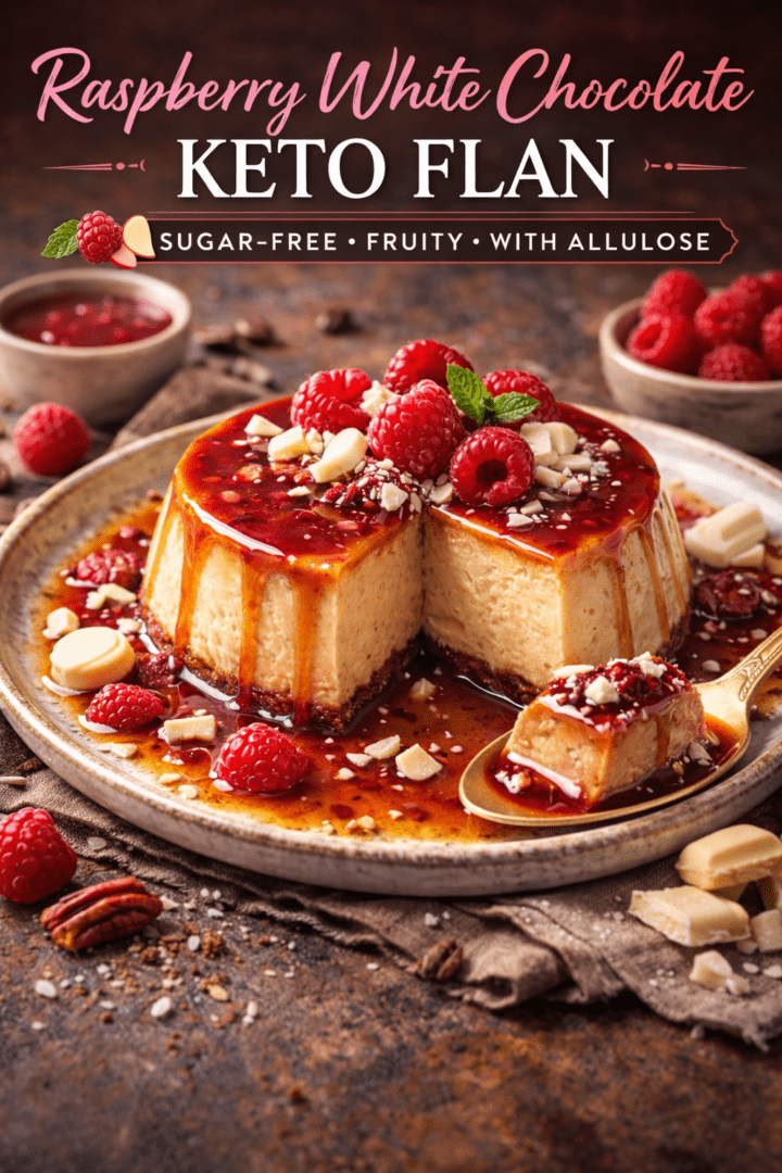 Raspberry white chocolate keto flan treat