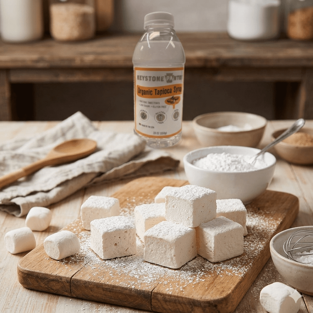 Homemade marshmallows on a cutting board with Keystone Pantry Organic Tapioca Syrup
